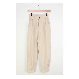 Beige High Waisted Linen Trouser Pants